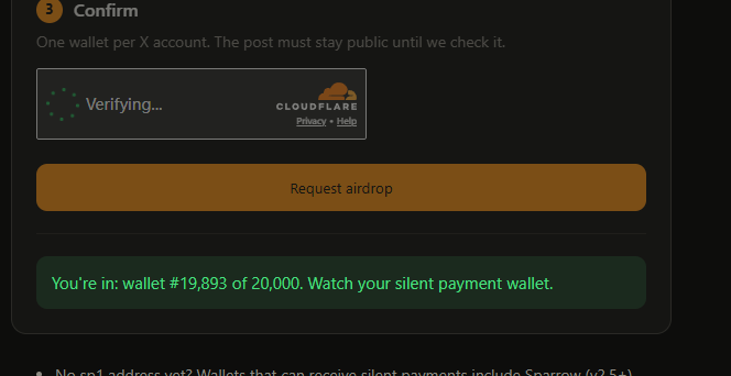 A dark webpage displays a 'Confirm' step showing a Cloudflare 'Verifying...' loading bar and a 'Request airdrop' button, with a green message stating 'You're in: wallet #19,893 of 20,000. Watch your silent payment wallet.'