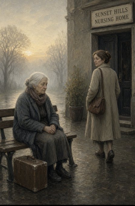 A somber painting of an elderly woman sitting on a bench with a suitcase beside her outside the 'SUNSET HILLS NURSING HOME', while a younger woman in a coat approaches with a bag.