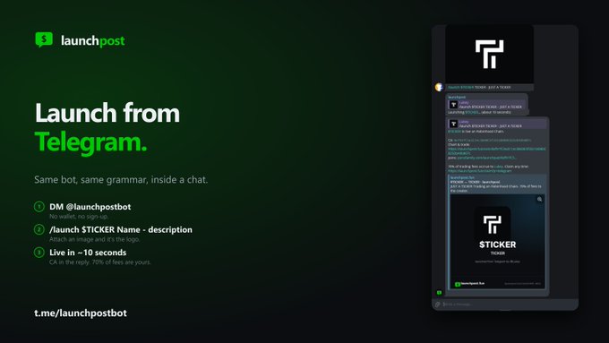 A dark-themed promotional graphic reads "Launch from Telegram" for the "launchpost" bot, featuring a smartphone mockup showing a chat interface and t.me/launchpostbot.
