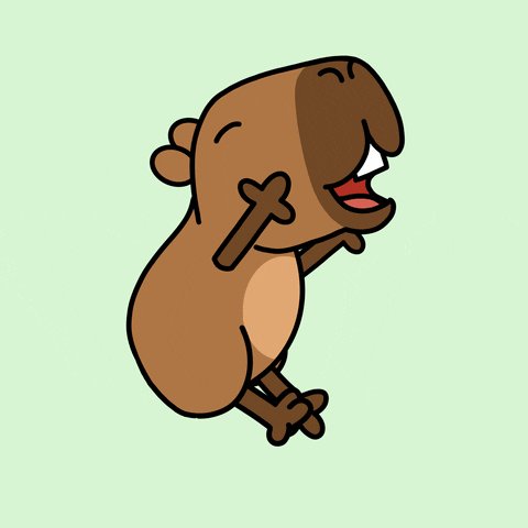 The image features a cartoon depiction of a brown rodent, possibly a rat or a guinea pig, sitting upright with its arms raised in the air as if it's laughing. The rodent appears to be in a playful mood, which adds a sense of humor to the scene. The background is a light green color that contrasts nicely with the rodent and makes it stand out. There are no texts or other objects present in the image, so the focus remains solely on the cartoon animal and its actions.