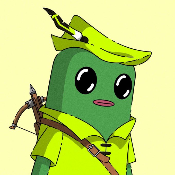 A cartoon illustration of a green pill-shaped character wearing a large hat, a yellow tunic, and carrying a crossbow.