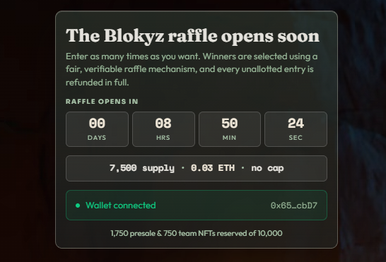 A promotional graphic for 'The Blokyz raffle' showing a countdown timer (00 days, 08 hrs, 59 min, 24 sec) with details: 7,500 supply, 0.03 ETH, no cap, and a connected wallet status.