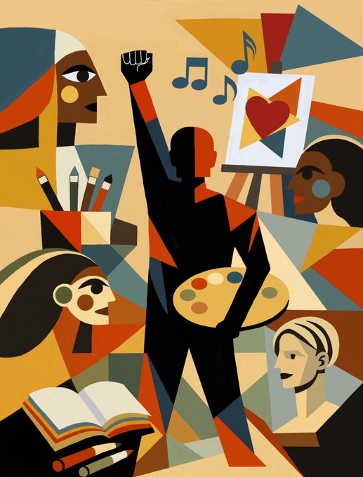 A stylized cubist-style painting features diverse artistic figures including painters, a musician with a palette, a reader with books, and a heart symbol on an easel, surrounded by musical notes and pencils.