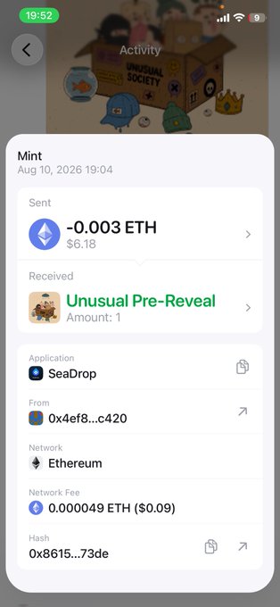 A mobile app activity screen from Mint showing a transaction where -0.003 ETH ($6.18) was sent and an 'Unusual Pre-Reveal' NFT was received via SeaDrop on the Ethereum network.