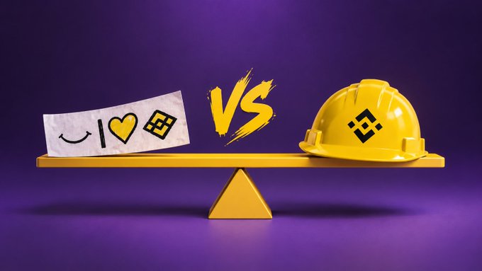 A 3D graphic shows a balance scale with a paper featuring emojis and a Binance logo on one side, and a yellow hard hat with the same logo on the other, separated by a yellow "VS."