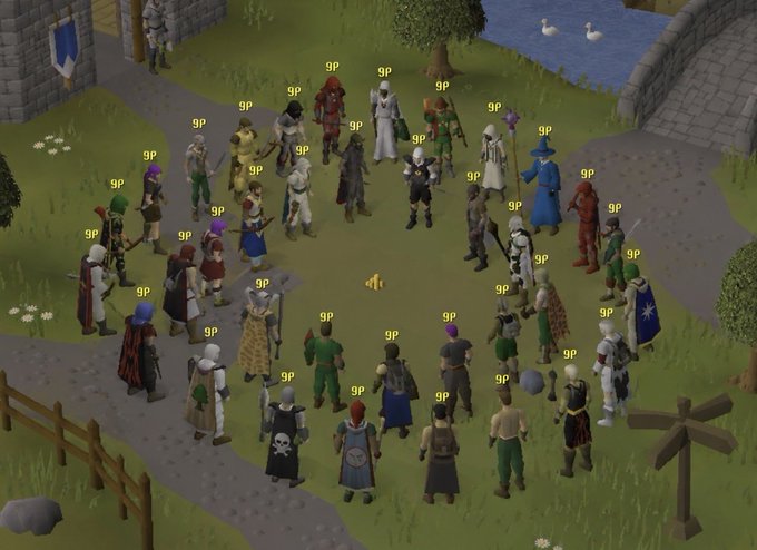 A screenshot from Old School RuneScape showing a large group of player characters gathered in a circle, each with '9p' displayed above their heads.