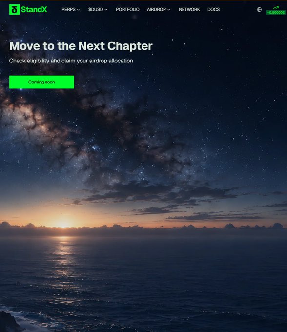 A webpage screenshot for StandX featuring the headline 'Move to the Next Chapter' with a 'Coming soon' button for an airdrop allocation, displayed over a sunset ocean background.