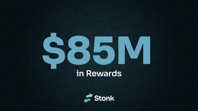 A promotional graphic displaying '$85M in Rewards' with the Stonk logo at the bottom.