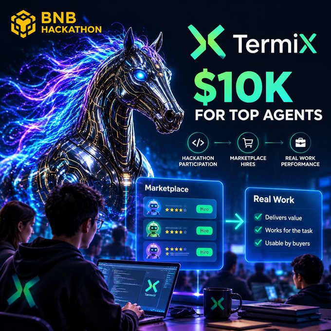 A promotional banner for BNB Hackathon featuring TermiX, advertising '$10K FOR TOP AGENTS' alongside a glowing robotic horse and sections labeled 'Marketplace' with 'Hire' buttons and 'Real Work' with checkmarks for deliverables, usability, and value.