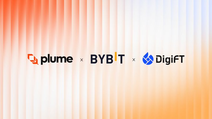 The image displays the logos of "plume," "BYBIT," and "DigiFT" arranged horizontally on an orange gradient background. The "x" symbols between them visually represent a collaboration or partnership, supporting the post's announcement about Bybit's first institutional vault offering fixed income solutions to its 80M+ users.