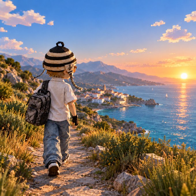 An illustrated child wearing a striped knit hat and backpack walks along a coastal path at sunset, overlooking a Mediterranean-style town and sea.