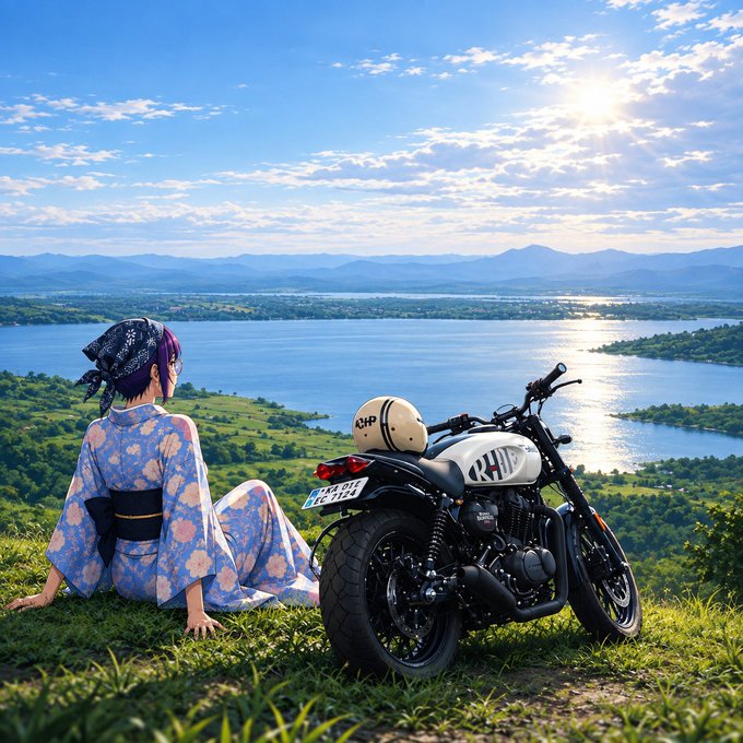 A digitally created or AI-generated image of a person in a blue floral kimono sitting on a grassy hill next to a motorcycle with a white helmet, looking out over a vast lake towards distant mountains under a sunny sky.