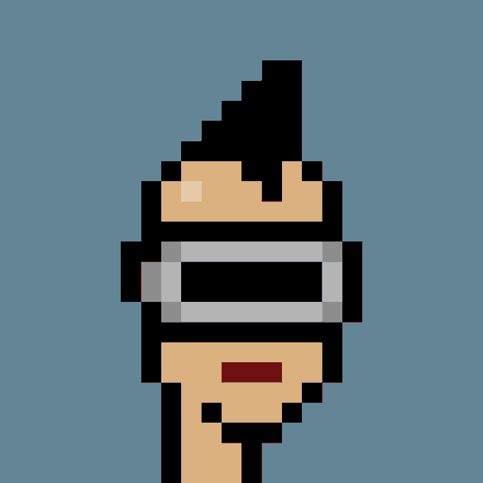 A pixel art CryptoPunk character with a tall black mohawk, VR-style goggles, and a smirk, displayed against a blue background. The image corresponds to CryptoPunk #8595, which was purchased for 57 ETH (approximately $99,916 USD).