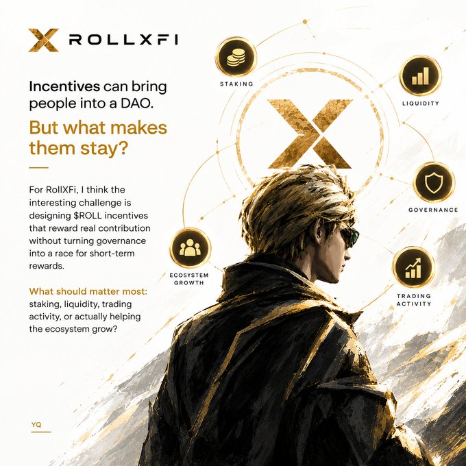 A promotional graphic for RollXFi featuring an illustration of a man with golden hair, surrounded by circular icons labeled 'Staking,' 'Liquidity,' 'Governance,' 'Trading Activity,' and 'Ecosystem Growth,' with text discussing DAO incentives and $ROLL rewards.