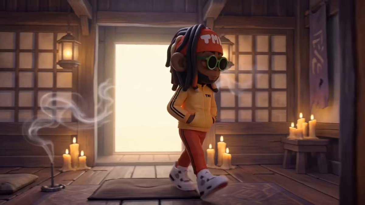 The image features a cartoon character, possibly a boy or a girl, walking through an open doorway with a yellow jacket and red hat. The character appears to be wearing glasses and has dreadlocks. In front of them, there are several candles that seem to be lit, creating a warm atmosphere in the scene. The post is titled " Lots To Look Forward To In The Future" and includes various social media handles such as @MoonApeLab, @akidcalledbeast, @TMKNFT, and @GeezOnApe.