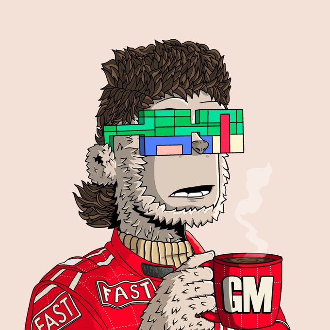 An illustration of a furry character wearing pixel-art sunglasses, a red racing jacket labeled "FAST", and holding a red mug marked "GM".