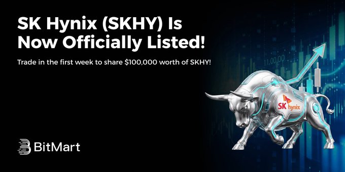 A promotional graphic by BitMart announces the official listing of SK Hynix (SKHY), featuring a metallic robotic bull with the SK Hynix logo alongside rising market charts, with text reading "Trade in the first week to share $100,000 worth of SKHY!"—visually reinforcing the urgency and trading incentive highlighted in the accompanying SKHYON airdrop and savings post.