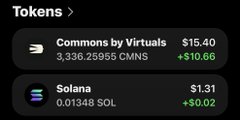 A screenshot of a digital wallet's "Tokens" section displays two cryptocurrency holdings: "Commons by Virtuals" (CMMS) valued at $15.40 with a $10.66 gain, and Solana (SOL) valued at $1.31 with a $0.02 gain. The image appears to reference gains on virtuals tokens, aligning with the post's boastful claim about a profitable trade.