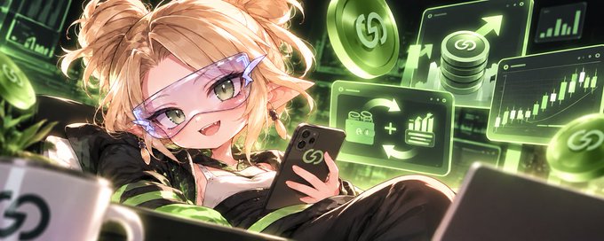 A green anime-style financial illustration shows a young woman using a smartphone amid floating charts, coins, and cryptocurrency symbols.