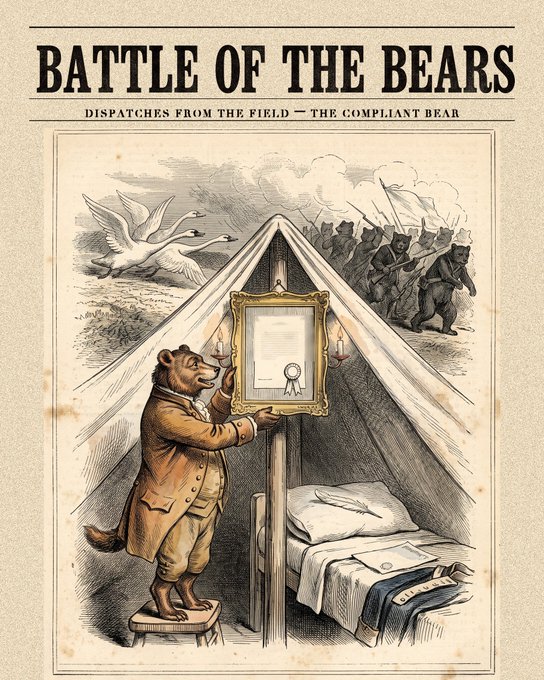 A vintage-style illustration titled 'BATTLE OF THE BEARS' with subtitle 'DISPATCHES FROM THE FIELD — THE COMPLIANT BEAR', depicting an anthropomorphic bear in a suit standing on a stool inside a tent, adjusting a framed document, with geese flying and bears carrying flags in the background.