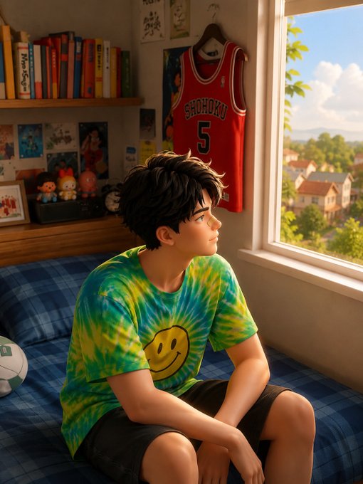 An anime-style illustration of a boy in a tie-dye shirt with a smiley face sitting on a bed, looking out a window, with a Shohoku #5 basketball jersey hanging on the wall nearby.