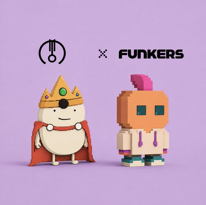 The image shows two collectible figures—a crowned character with a red cape on the left and a voxel-style character with a pink mohawk on the right—under the "NABULINES x FUNKERS" branding against a lavender background, promoting a collaboration giveaway of 30 guaranteed Funkers NFTs where followers must like, retweet, and drop their ETH wallet to enter.