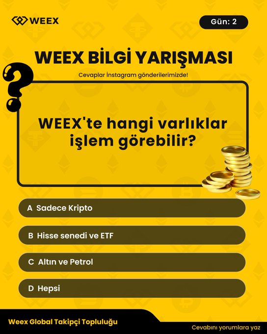 A WEEX quiz graphic (Day 2) in Turkish asking which assets can be traded on WEEX, with options: A) Only Crypto, B) Stocks and ETFs, C) Gold and Oil, D) All of them.