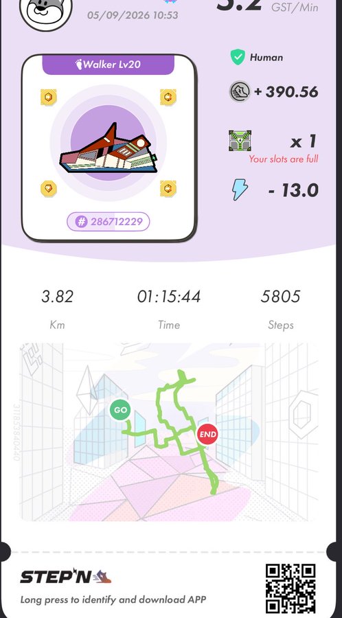 A screenshot from the STEP'N fitness app showing a 'Walker Lv20' sneaker NFT at 3.82 GST/Min with movement stats (3.82 Km, 01:15:44, 5805 Steps) and a running route map dated 05/09/2026.