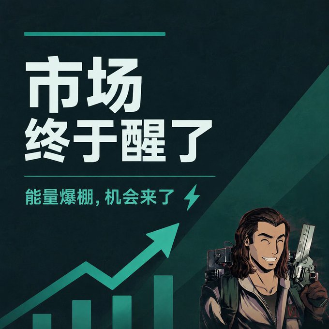 A graphic displays large Chinese text '市场终于醒了' (The market has finally awakened) and '能量爆棚，机会来了' (Energy overflowing, opportunity has arrived), accompanied by a cartoon character holding guns and an upward-trending chart.