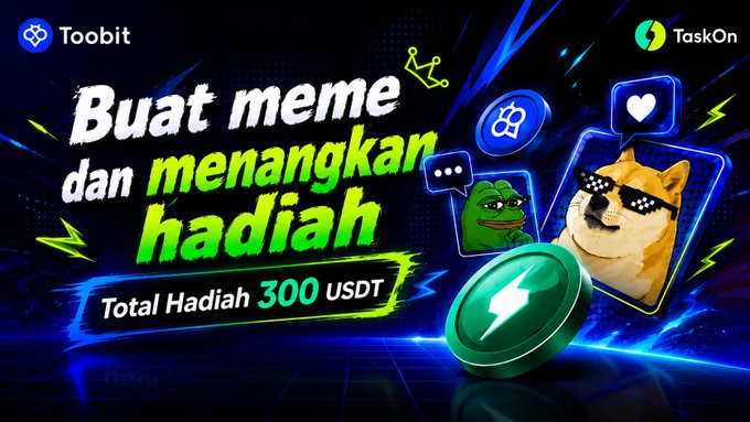 A promotional banner for a Toobit x TaskOn meme contest with a 300 USDT prize pool, featuring the Toobit and TaskOn logos alongside Doge and Pepe meme characters, with bold text reading "Buat meme dan menangkan hadiah" (Create memes and win prizes) and "Total Hadiah 300 USDT."
