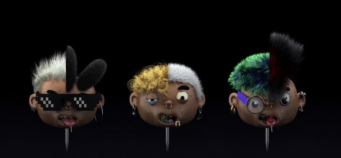 Three stylized 3D character heads with colorful punk-style hair, earrings, and accessories displayed against a black background.