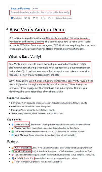 The image shows a screenshot of a webpage with a title that reads "Base Verify Airdrop Demo". The text on the page provides information about an upcoming Base Verify Airdrop demonstration, which will be available for testing soon. The text also mentions two specific features of the demonstration and highlights its purpose in verifying users' identities.