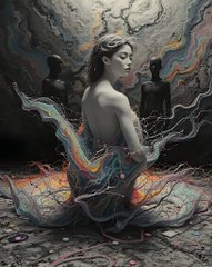 A dark, surreal artistic illustration of a female figure with swirling, colorful mist or smoke emanating from her back and pooling at her feet, set in a shadowy environment with silhouetted figures in the background.