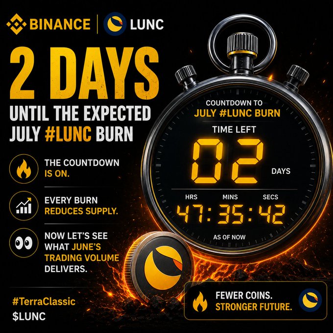 Promotional graphic from Binance for LUNC token, showing '2 DAYS UNTIL THE EXPECTED JULY #LUNC BURN' with a countdown timer reading 02 days, 47:35:42, tagged #TerraClassic.