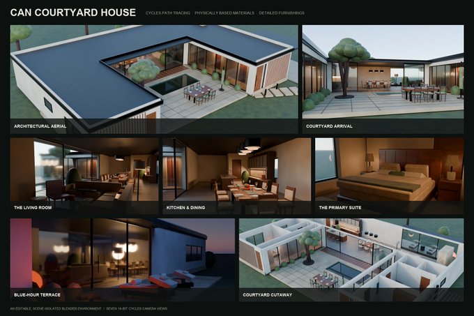 A screenshot titled "CAN COURTYARD HOUSE" showcasing six views of a modern home design, featuring an architectural aerial, courtyard arrival, living room, kitchen & dining, primary suite, blue-hour terrace, and courtyard cutaway, demonstrating how users can create detailed architectural visualizations with basic planning tools.