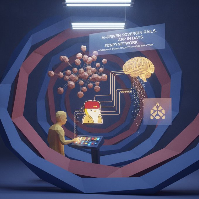A 3D-rendered figure operates a control panel within a geometric, tunnel-like structure, connecting to a network of pink nodes and a glowing brain icon. Floating text reads "AI-DRIVEN SOVEREIGN RAILS. APP IN DAYS. #CNPYNETWORK - GOVERNANCE, SHARED SECURITY. NO MORE INFRA WEEK," visually reinforcing the post's message about using AI and CNPYNetwork's sovereign rails to deploy apps quickly without infrastructure hassles.