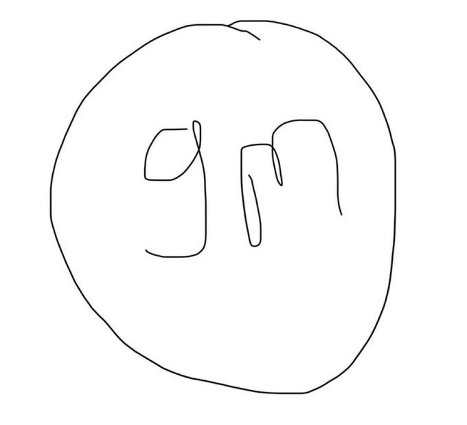 A simple hand-drawn sketch of a smiley face with the letters 'g' and 'n' or similar shapes forming the eyes on a white background.