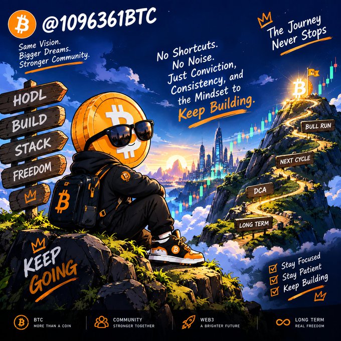 A vibrant Bitcoin-themed motivational poster with the handle '@1096361BTC' featuring a coin-headed character and motivational text like 'HODL, BUILD, STACK, FREEDOM' and 'The Journey Never Stops.'