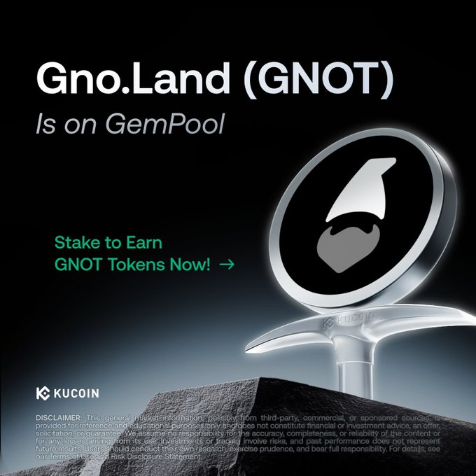 Promotional graphic announcing that Gno.Land (GNOT) is now available on KuCoin's GemPool, featuring the text "Gno.Land (GNOT) Is on GemPool" and "Stake to Earn GNOT Tokens Now!" alongside a stylized GNOT token emblem and the KuCoin logo, supporting the announcement of 775,200 GNOT staking rewards.