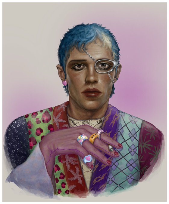 A digital illustration of a person with short blue hair, a silver eyepiece, multiple earrings and rings, wearing a vibrantly patterned shirt.