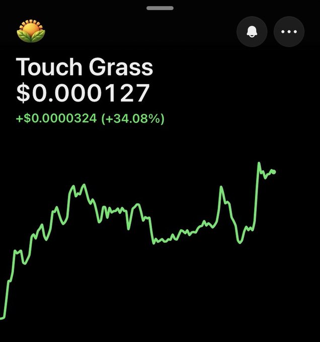 A cryptocurrency price chart showing 'Touch Grass' token priced at $0.000127, up +34.08% (+$0.0000324) with a green line graph trending upward.