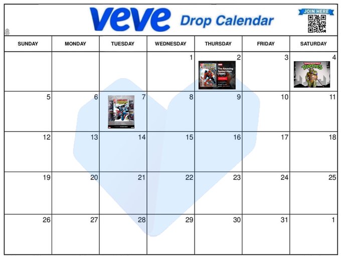 A VeVe Drop Calendar showing a monthly view with scheduled digital collectible drops on specific dates including 'The Amazing Spider-Man' comic and a Teenage Mutant Ninja Turtles item.