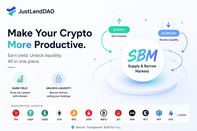 A promotional graphic for 'JustLendDAO' with the tagline 'Make Your Crypto More Productive,' highlighting 'Supply & Borrow Markets' (SBM) and showing supported assets including TRX, USDT, USDD, ETH, BTC, sTRX, WBTC, JST, WIN, BTT, NFT, and HTX.