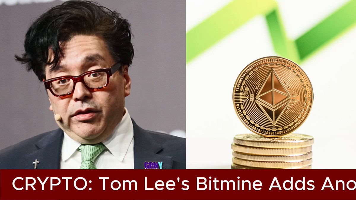 In this image, there is a poster or banner featuring two photos side by side – one showing an interview with a man wearing glasses and a suit talking about Bitcoin, and another displaying stacks of gold Bitcoins stacked up next to each other. The text on the poster states that "Crypto: Tom Lee's Bitmine Adds Another $52M in Ether Despite Market Doubts Bitmine", which indicates that Bitcoin has been added to the stacks of Bitcoins already present. However, as a digital currency or asset, Bitcoin often experiences fluctuations and market dynamics that can impact its value over time. The image conveys an ongoing story about a man's involvement with Bitcoin despite these challenges.