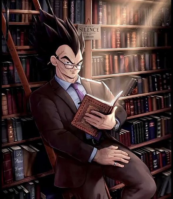 An anime-style illustration of a character resembling Gohan from Dragon Ball Z, wearing a brown suit and glasses, reading a book in a sunlit library with shelves full of books, including one titled 'SILENCE'.