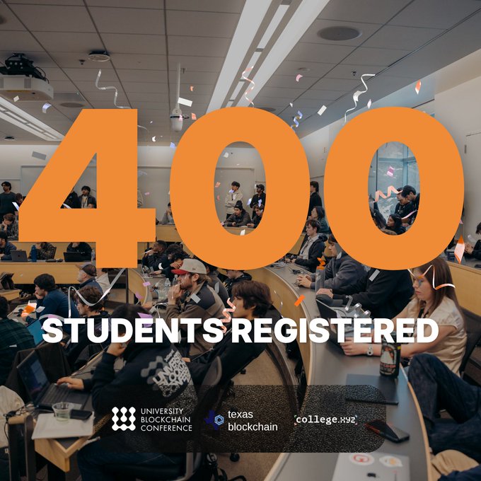 A promotional graphic reading '400 STUDENTS REGISTERED' overlaid on a photo of a crowded lecture hall, featuring 'UNIVERSITY BLOCKCHAIN CONFERENCE', 'texas blockchain', and 'college.xyz' logos at the bottom.
