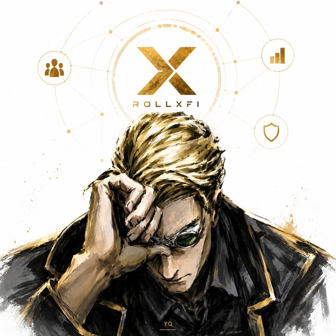 A stylized digital painting shows a blonde-haired man wearing green-tinted sunglasses, resting his forehead in his hand in a contemplative or concerned pose, rendered in loose brushstrokes with gold accents against a white background. Above his head sits a circular emblem featuring a large gold "X" with the text "ROLLXFI" beneath it, surrounded by a network-style design of connected nodes and small icons representing people, a bar chart, and a shield—visually echoing the post's theme of community growth and governance. The artist's initials "YQ" appear at the bottom. The image's thoughtful, watchful figure pairs with the caption's warning about growth potentially transforming the very community that enabled it.