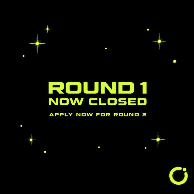 A dark, star-speckled graphic with neon green text announces "ROUND 1 NOW CLOSED" and "APPLY NOW FOR ROUND 2," paired with a circular logo in the bottom right corner. The design visually reinforces the post's announcement that Round 1 of the Genesis Halo Node allocation has ended, inviting remaining applicants to apply for one of the 62 remaining spots in Round 2.