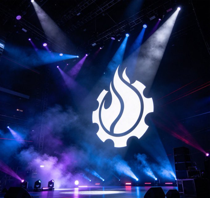 A concert stage filled with blue and purple lights, haze, and a large white flame-like emblem projected on the back wall.