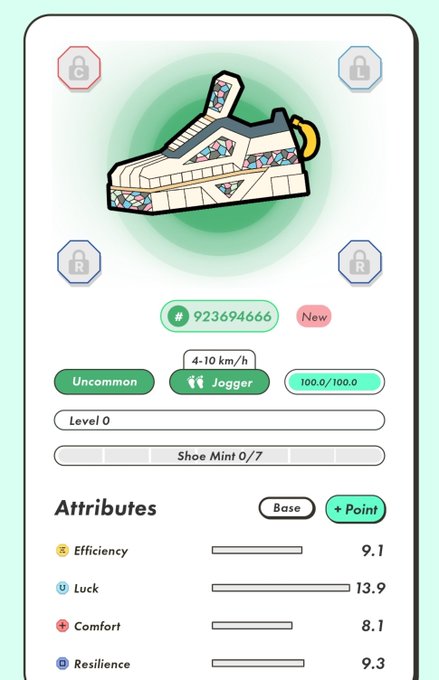 A digital card interface displaying a sneaker NFT with attributes including Efficiency 9.1, Luck 13.9, Comfort 8.1, and Resilience 9.3, labeled as 'Uncommon' and 'Jogger' at level 0.